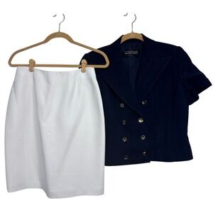 Linda Allard Ellen Tracy Navy Double‎ Breasted Short Sleeve Blazer Skirt Set